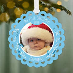 Baby's First Christmas Blue Scalloped Metal Personalized Ornament, Custom Photo and Text