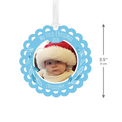 Baby's First Christmas Blue Scalloped Metal Personalized Ornament, Custom Photo and Text
