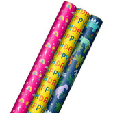 Rainbows, Dinos and Happy Wishes 3-Pack Wrapping Paper Roll Bundle, 75 sq. ft. total