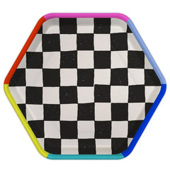 Black and White Checkered Hexagonal Dessert Plates, Pack of 8