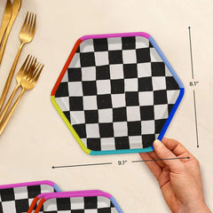Black and White Checkered Hexagonal Dessert Plates, Pack of 8