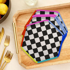 Black and White Checkered Hexagonal Dessert Plates, Pack of 8