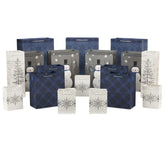Bulk Blue and Gray 18-Pack Holiday Gift Bags, Assorted Sizes and Designs
