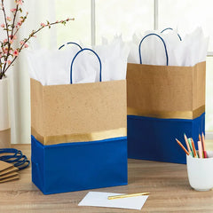 13" Blue and Kraft Paper 6-Pack Gift Bag