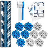 Blue and Silver Gift Wrap Kit With Holiday Wrapping Paper, Bows, Ribbons and Tags
