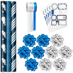 Blue and Silver Gift Wrap Kit With Holiday Wrapping Paper, Bows, Ribbons and Tags