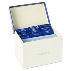 Blue and White Recipe Organizer Box With Recipe Cards