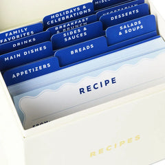 Blue and White Recipe Organizer Box With Recipe Cards