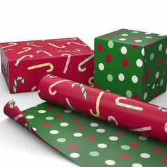 Candy Canes on Red/Dots on Green Christmas Reversible Wrapping Paper Roll, 30 sq. ft.