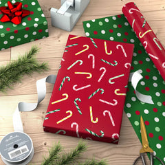 Candy Canes on Red/Dots on Green Christmas Reversible Wrapping Paper Roll, 30 sq. ft.