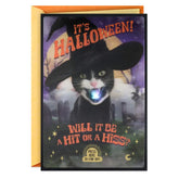Cat in Witch's Hat Funny Holographic Halloween Card With Sound and Light