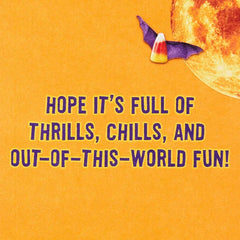 Cat on Light-Up Rocket Funny Musical Halloween Card