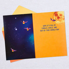 Cat on Light-Up Rocket Funny Musical Halloween Card