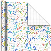 Party Streamers and Squiggles on White Metallic Wrapping Paper Roll, 17.5 sq. ft.