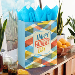 17" Multicolor Plaid Extra-Large Father's Day Gift Bag With Tissue Paper