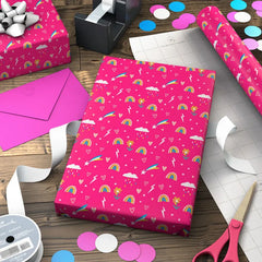 Rainbows and Flowers on Pink Jumbo Wrapping Paper, 90 sq. ft.