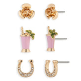Kentucky Roses Enamel, Crystal and Gold Metal Stud Earrings, 3 pair