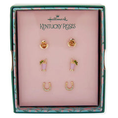 Kentucky Roses Enamel, Crystal and Gold Metal Stud Earrings, 3 pair