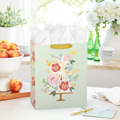 13" Tiered Floral Cake on Light Green Large Gift Bag