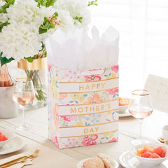 13" Floral Stripe Large Mother's Day Gift Bag With Tissue