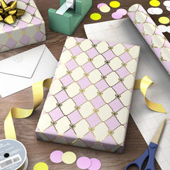 Gold Bow Lattice on Pink and Cream Wrapping Paper Roll, 20 sq. ft.