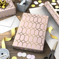 Gold Geometric on Pink Tall Wrapping Paper Roll, 35 sq. ft.