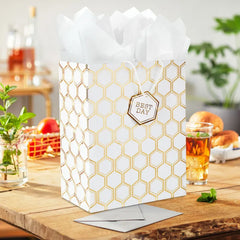 13" Gold Foil Hexagons on White Large Gift Bag