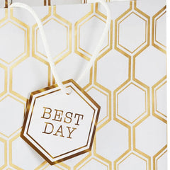 13" Gold Foil Hexagons on White Large Gift Bag