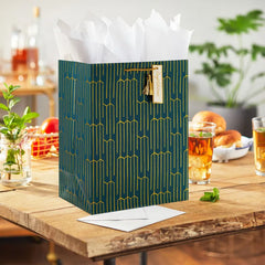 13" Gold Geometric on Teal Large Gift Bag