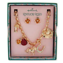 Kentucky Roses Gold Metal Charm Necklace and Rose Earrings Set