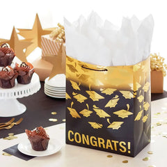 13" Mortarboards on Ombré Large Graduation Gift Bag With Tissue Paper