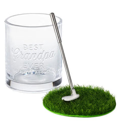 Best Grandpa Ever Lowball Glass With Golf Club Stirrer and Turf Coaster, 8.5 oz.
