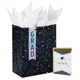 13" Grad Hats on Black Large Gift Bag With Graduation Card and Tissue Paper