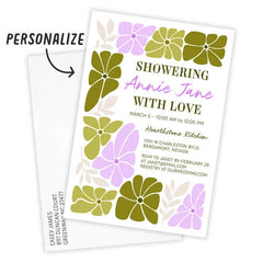 Modern Green and Pink Blossoms Flat Bridal Shower Invitation