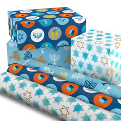 Blue Hanukkah Designs 3-Pack Wrapping Paper Assortment, 120 sq. ft.