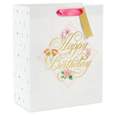 9.6" Gold Script on Floral Medium Birthday Gift Bag