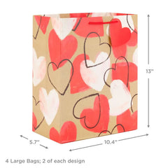 13" Happy Heart Day and Painted Hearts 4-Pack Large Valentine's Day Gift Bags