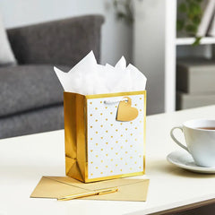 6.5" Mini Gold Hearts on White Metallic Small Gift Bag