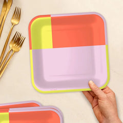 Yellow, Pink and Orange Color Block Dinner Plates, Pack of 8