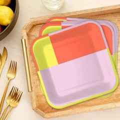 Yellow, Pink and Orange Color Block Dinner Plates, Pack of 8