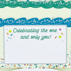Blue and Green Confetti Cake Pick-a-Number Customizable Pop-Up Birthday Card