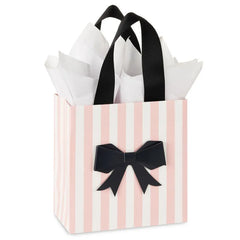 5.5" Black Bow on Pink Stripes Small Gift Bag With Tissue Paper