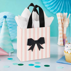 5.5" Black Bow on Pink Stripes Small Gift Bag With Tissue Paper