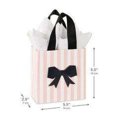 5.5" Black Bow on Pink Stripes Small Gift Bag With Tissue Paper
