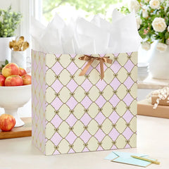 15" Gold Bow Lattice on Pink and Cream Extra-Deep Gift Bag