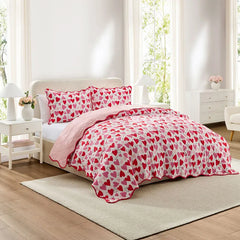Hearts Print Reversible Quilt and Sham Set