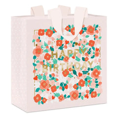 10.4" Happy Birthday Floral on Pink Large Square Gift Bag