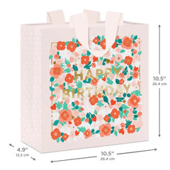 10.4" Happy Birthday Floral on Pink Large Square Gift Bag