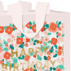 10.4" Happy Birthday Floral on Pink Large Square Gift Bag