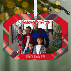 Red Plaid Metal Personalized Ornament, Custom Photo and Text